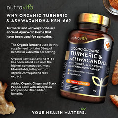 Nutravita Turmeric & Ashwagandha KSM-66 ® - 180 High Strength Capsules with Ginger & Black Pepper - Organic Tumeric & Ashwagandha Supplement - Vegan & Gluten Free