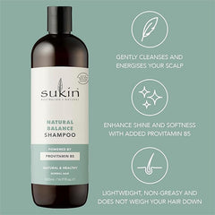 Sukin Natural Balance Shampoo 500ml - maintains naturally balanced hair - with an infusion of baobab, burdock & nettle extracts; cruelty free & vegan friendly.