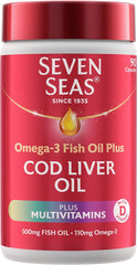 Seven Seas Cod Liver Oil Tablets, Plus Multivitamins & 110 mg Omega-3, 90 High Strength Capsules With Fish Oil, Plus Vitamin D, C, B12 & B6 & A, Folic Acid And Biotin, With EPA & DHA