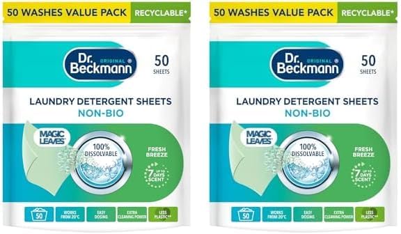 Dr. Beckmann Laundry Detergent Sheets NON-BIO | fresh breeze| Pre-dosed | 50 sheets (Pack of 2)