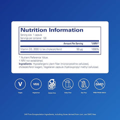 Pure Encapsulations Vitamin D3 2,000 IU (Vegan) - Hypoallergenic Vitamin D Supplement - Immune System, Bone and Muscle Function Support - 120 Vegan Capsules