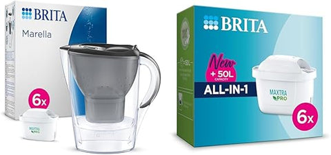 BRITA Marella Water Filter Jug Half Year Pack - Graphite (2.4L) incl. 6x MAXTRA PRO All-in-1 & MAXTRA PRO All In One Water Filter Cartridge 6 Pack