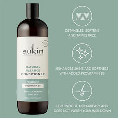 Sukin Natural Balance Conditioner 500ml - adds shine to the hair while leaving it hydrated & balanced - with a blend of Baobab and Sesame Oils; cruelty free & vegan friendly.