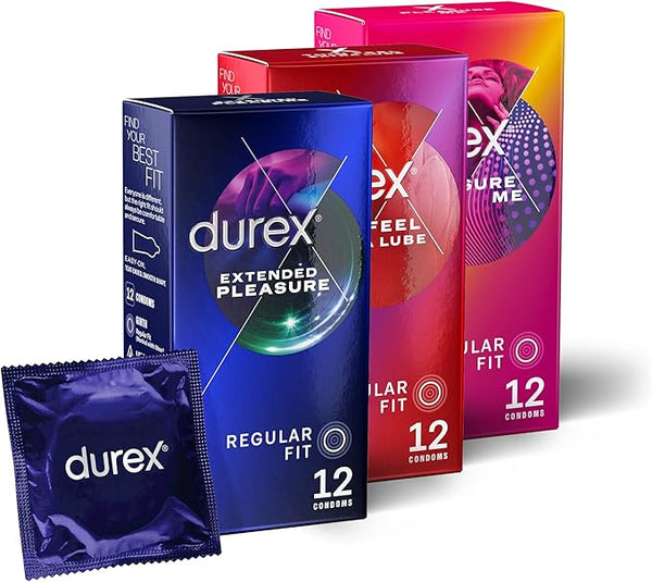 Durex Variety Condom Bundle, 12x Extended Pleasure Condoms, 12 x Intimate Feel Me Total 36 Condoms