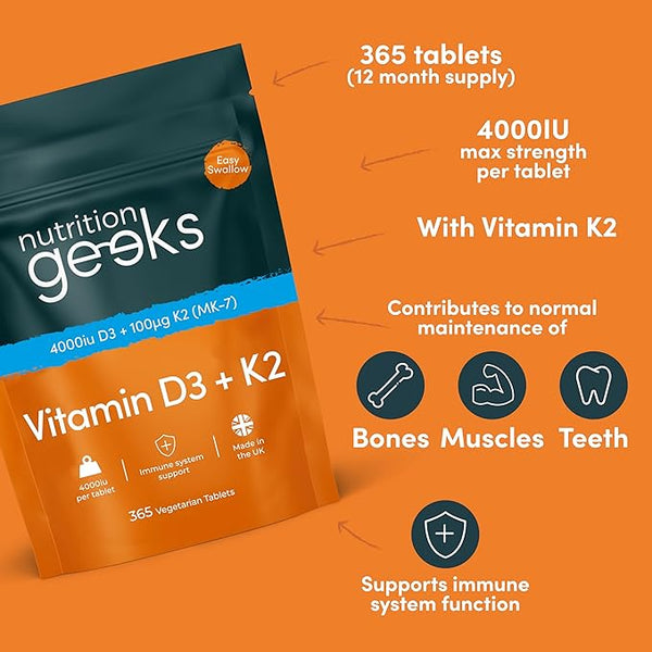 Nutrition Geeks-Vitamin D3 4000 iu & Vitamin K2 MK7 100μg - 1 Year Supply, 365 Easy-Swallow Vitamin D3 K2 Tablets, 1-A-Day High Strength Vegetarian D3 and K2 Vitamin Supplements, UK Made Vitamin D Tablets