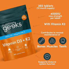 Nutrition Geeks-Vitamin D3 4000 iu & Vitamin K2 MK7 100μg - 1 Year Supply, 365 Easy-Swallow Vitamin D3 K2 Tablets, 1-A-Day High Strength Vegetarian D3 and K2 Vitamin Supplements, UK Made Vitamin D Tablets