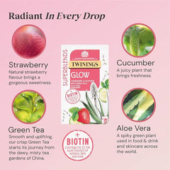 Twinings Superblends Glow Tea - Strawberry & Cucumber Green Tea with Aloe Vera & Biotin for Skincare & Hair Care, 80 x Biodegradable Tea Bags
