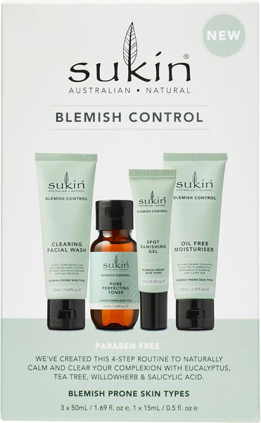 Sukin Blemish Control Set (4 products for better value) - with eucalyptus, tea tree & salicylic acid; cruelty free & vegan friendly - calms and clears the complexion, for acne prone & blemished skin.
