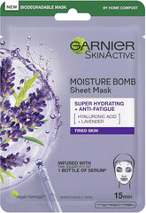 Garnier Moisture Bomb Lavender and Hyaluronic Acid Sheet Mask, Hydrating & Relaxing Face Mask, With Lavender Essential Oil To Revive Fatigued Skin, Biodegradable and Vegan Tissue, 28g