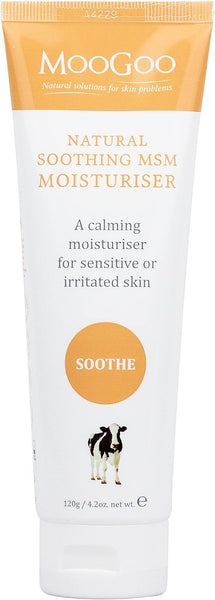 MooGoo Soothing MSM Moisturiser - Calming Face & Body Moisturiser for Sensitive, Red or Sunburnt, Irritated Skin Including Eczema, Psoriasis & Rosacea, For All Ages Including Children, 120g / 4.2oz.