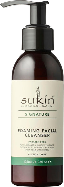 Sukin Signature Foaming Facial Cleanser 125ml - with Witch Hazel & Green Tea; cruelty free & vegan friendly - gently cleanses skin, removes make-up, dirt build-up and sebum.