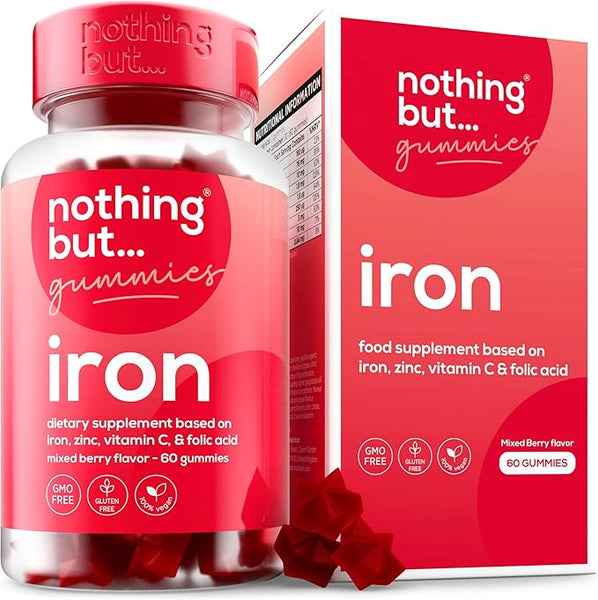 Nothing BUT Nutrition Iron Supplement for Women and Men with Delicious Mixed Berry Flavor - Chewable Vegan Iron Supplements with Vitamins B12 & C, Zinc, Folic Acid for Energy Boost - 60 Iron Gummies