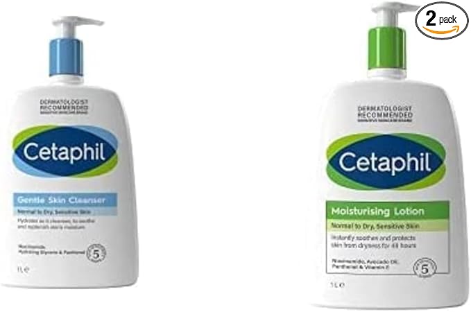 Cetaphil Family Size Bundle, 1L Gentle Skin Cleanser Face and Body Wash and 1L Moisturising Face and Body Lotion, Skin Care, Hydrating