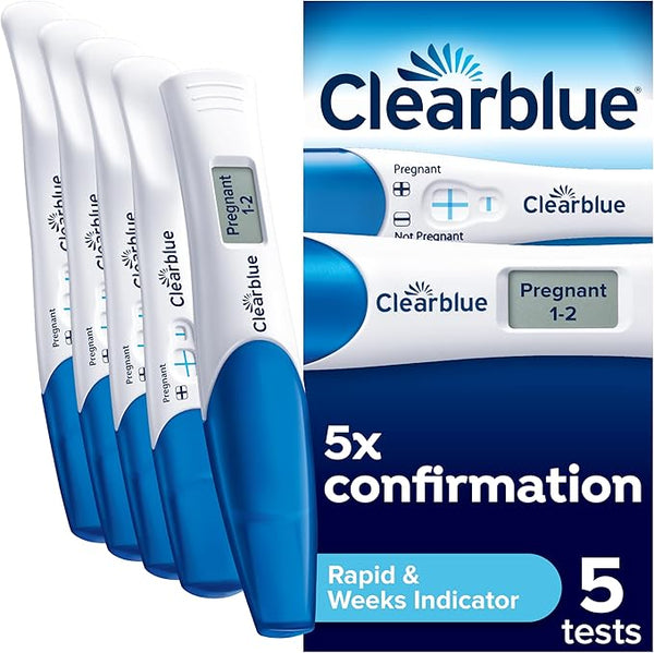 Clearblue Pregnancy Test 5X Confirmation Combo Pack, Result As Fast As 1 Minute (Visual Sticks) & Tells You How Many Weeks (Digital Stick), Kit of 5 Tests (1 Digital, 4 Visual)