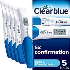 Clearblue Pregnancy Test 5X Confirmation Combo Pack, Result As Fast As 1 Minute (Visual Sticks) & Tells You How Many Weeks (Digital Stick), Kit of 5 Tests (1 Digital, 4 Visual)