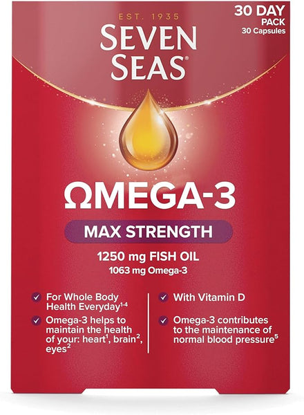 Seven Seas Omega-3 Fish Oil, Max Strength, Omega 3 + Vitamin D For Whole Body Health+, 30 Capsules