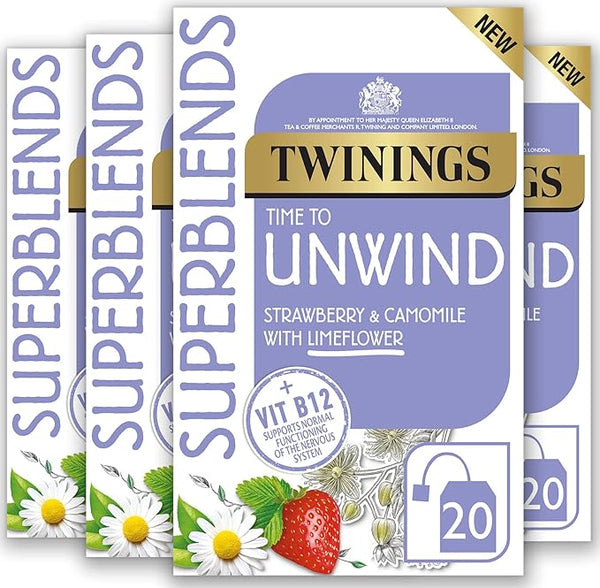 Twinings Superblends Unwind Tea - Strawberry Herbal Tea Infusion with Camomile, Lemon Balm, Limeflower & Vitamin B12, 80 Biodegradable Tea Bags
