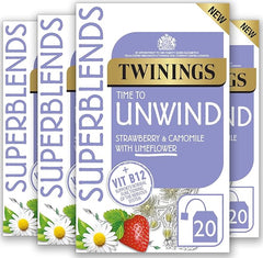 Twinings Superblends Unwind Tea - Strawberry Herbal Tea Infusion with Camomile, Lemon Balm, Limeflower & Vitamin B12, 80 Biodegradable Tea Bags