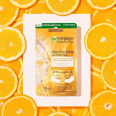 Garnier Moisture Bomb Eye Mask With Hyaluronic Acid And Orange Juice, Hydrating And Brightening Under Eye, Reduce Appearance Of Eye Bags, Biodegradable And Vegan Tissue, Orange, 28 G, Pack Of 1