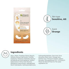 Garnier Moisture Bomb Eye Mask With Hyaluronic Acid And Orange Juice, Hydrating And Brightening Under Eye, Reduce Appearance Of Eye Bags, Biodegradable And Vegan Tissue, Orange, 28 G, Pack Of 1