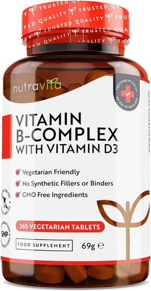 Nutravita Vitamin B Complex High Potency 8 Vitamins B1-B2-B3-B5-B6-B12, Biotin, Folic Acid & VIT D3 in 1 High Strength Micro Tablet - Reduction of Tiredness