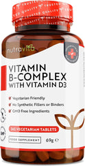 Nutravita Vitamin B Complex High Potency 8 Vitamins B1-B2-B3-B5-B6-B12, Biotin, Folic Acid & VIT D3 in 1 High Strength Micro Tablet - Reduction of Tiredness