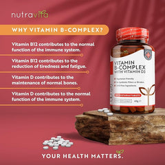 Nutravita Vitamin B Complex High Potency 8 Vitamins B1-B2-B3-B5-B6-B12, Biotin, Folic Acid & VIT D3 in 1 High Strength Micro Tablet - Reduction of Tiredness
