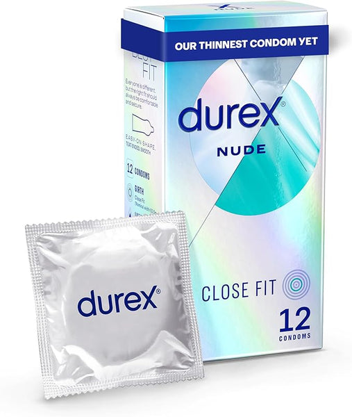 Durex Nude, Condoms, Close Fit, 12s, Ultra Thin, Designed To Feel It All, With Silicone Lube