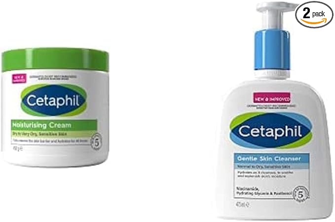 Cetaphil Dry/Sensitive Skincare Routine Bundle, with Body Cream 450g + Cleanser 473ml, Intensive 24-hour Moisturiser, Fragrance-free, Non-comedogenic