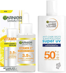 Garnier Brightening and Anti Dark Spot Power Duo,Serum and Moisturiser,Brightening Serum With 3.5 Percent Vitamin C,Niacinamide,Salicylic Acid and Lemon Extract and SPF 50 Face Moisturiser,2 Pieces