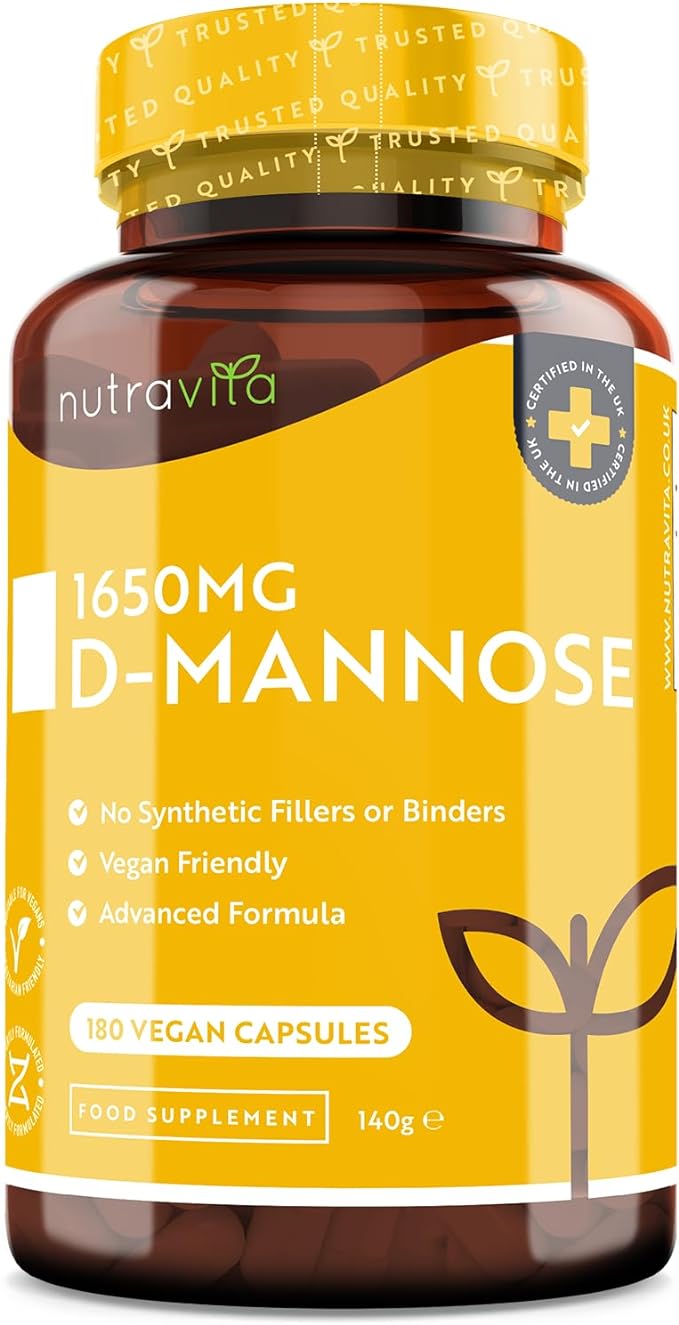 Nutravita D-Mannose 1650mg High Strength Capsules – 180 Vegan Friendly Capsules (Not Tablets) – 100% Natural Premium D Mannose Supplement