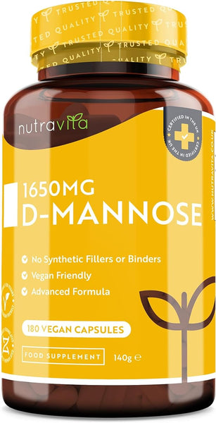 Nutravita D-Mannose 1650mg High Strength Capsules – 180 Vegan Friendly Capsules (Not Tablets) – 100% Natural Premium D Mannose Supplement
