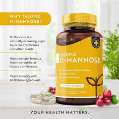 Nutravita D-Mannose 1650mg High Strength Capsules – 180 Vegan Friendly Capsules (Not Tablets) – 100% Natural Premium D Mannose Supplement