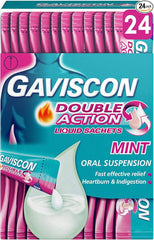 Gaviscon Double Action Sachets, Mint, 24 X 10ml, Heartburn Relief, Acid Reflux, Indigestion Liquid Gerd, Gastro Resistant, Gets To Work Instantly, Lasts 2X Longer, Antacids, Digestion and Nausea