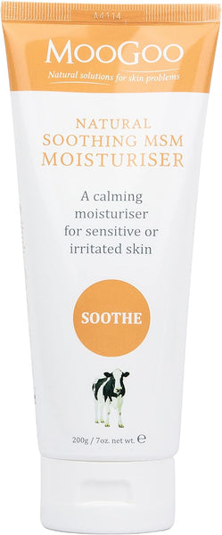 MooGoo Soothing MSM Moisturiser - Calming Face & Body Moisturiser for Sensitive, Red or Sunburnt, Irritated Skin Including Eczema, Psoriasis & Rosacea, For All Ages Including Children, 200g / 7oz.