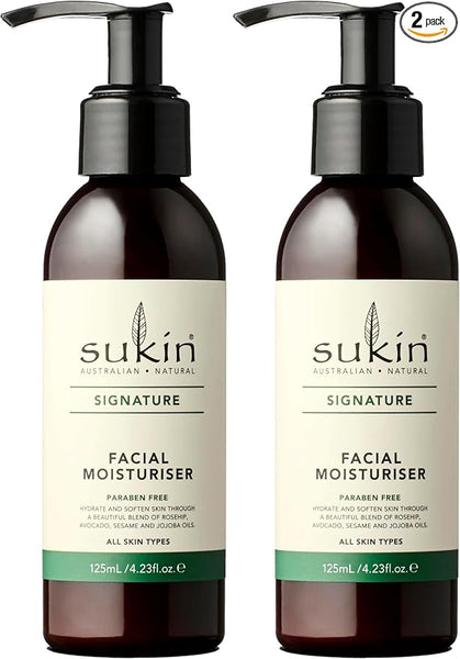 Sukin Signature Facial Moisturiser 125ml - with Vitamin E; Cruelty Free & Vegan Friendly - Nourishes, Softens & Protects the Skin’s Moisture Barrier. (Pack of 2)