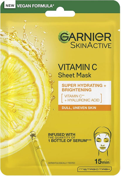 Garnier SkinActive Moisture Bomb Vitamin C Sheet Mask, Hydrating & Brightening Face Mask, Enriched With Vitamin Cg & Hyaluronic Acid Serum, Vegan Tissue