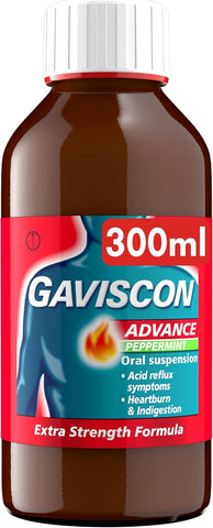 Gaviscon Advance Liquid, Peppermint, 300ml, Heartburn Relief, Stomach Pain Relief, Indigestion Relief, Acid Reflux Relief, Fast Acting, Extra Strength Formula, Antacids, Digestion and Nausea