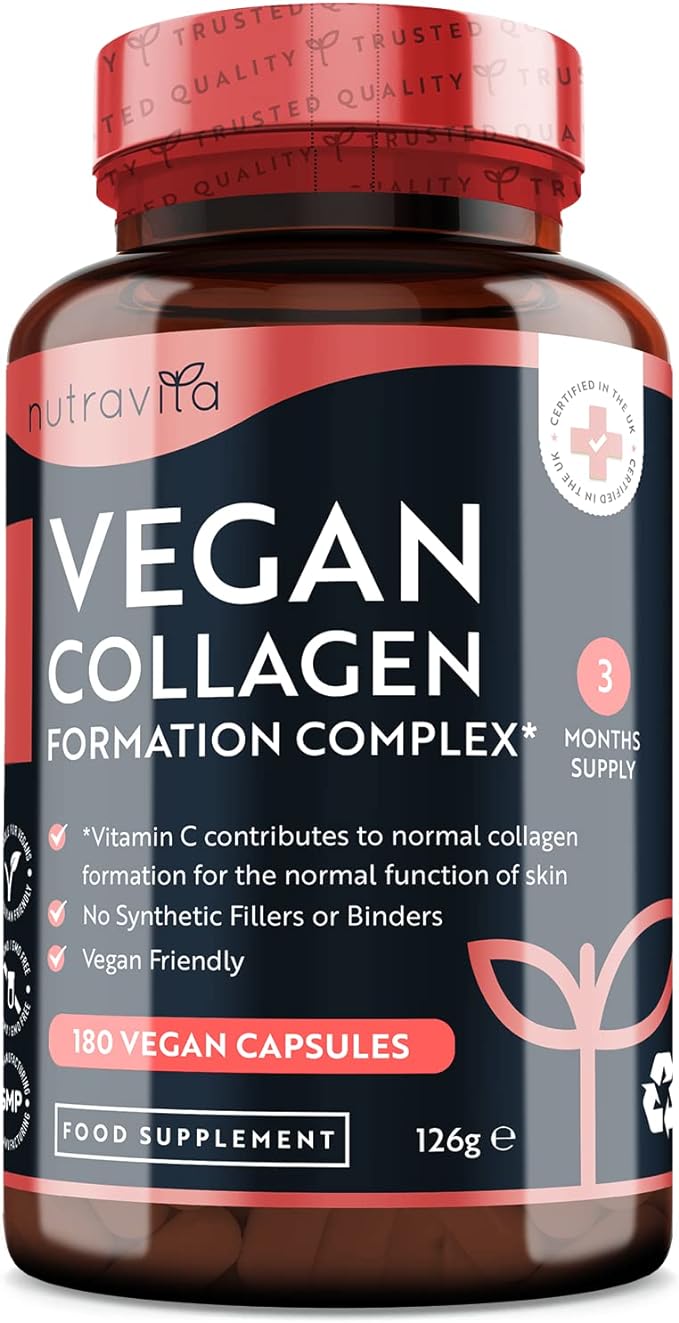 Nutravita Vegan Collagen 1000mg Advanced Superfood Blend - 180 Capsules (3 Month Supply) - Vegan Collagen Alternative with Zinc, Vitamin E & Vitamin C - Normal Skin Pigmentation
