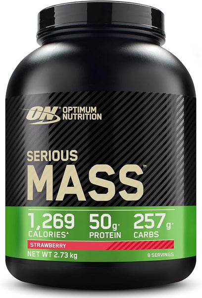 Optimum Nutrition Serious Mass Protein Powder with Creatine, Glutamine, 25 Vitamins & Minerals, High Calorie Mass Gainer, Strawberry Flavour, 8 Servings, 2.73kg, Packaging May Vary