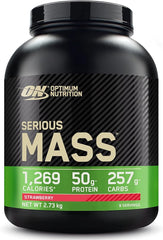 Optimum Nutrition Serious Mass Protein Powder with Creatine, Glutamine, 25 Vitamins & Minerals, High Calorie Mass Gainer, Strawberry Flavour, 8 Servings, 2.73kg, Packaging May Vary