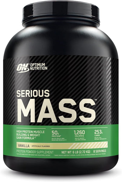 Optimum Nutrition Serious Mass Protein Powder with Creatine, Glutamine, 25 Vitamins & Minerals, High Calorie Mass Gainer, Vanilla Flavour, 8 Servings, 2.73kg, Packaging May Vary