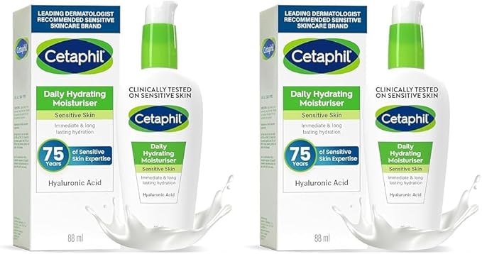 Cetaphil Daily Hydrating Face Moisturiser, 88ml, For Sensitive Skin, With Hyaluronic Acid (Pack of 2)