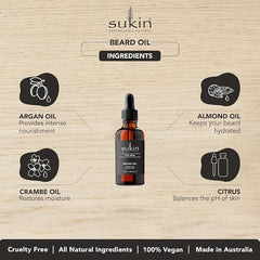 Sukin Australian Natural For Men Beard Oil Hydrates Your Beard and Helps Reduce Dandruff and Itching, Moisturising Combination of Natural Argan, Almond and Crambe Oil, Vegan, 50ml