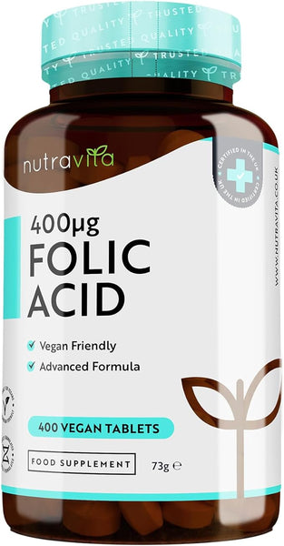 Nutravita Folic Acid Tablets 400 mcg - 400 Vegan Vitamin B9 Tablets 13 Month Supply - Pregnancy Care Normal Function of Immune System & Maternal Tissue Growth During Pregnancy