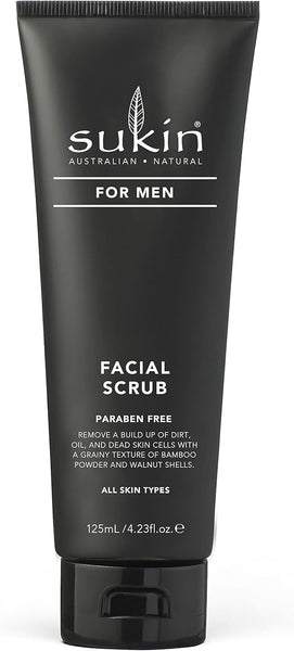 Sukin For Men Face Scrub 125ml - with Bamboo Powder & Walnut Shells; cruelty free & vegan friendly - exfoliates the skin and removes dirt particles and impurities.