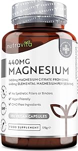 Nutravita Super Strength 1480mg – 180 Vegan Magnesium Citrate Capsules not Magnesium Tablets – High Absorption, Premium Magnesium Supplements