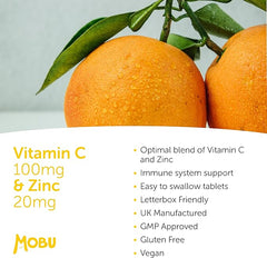 Mobu-Vitamin C 100mg and Zinc 20mg 120 Tablets | High Strength Immune System Support | Vitamin C & Zinc Supplement