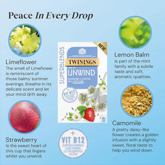 Twinings Superblends Unwind Tea - Strawberry Herbal Tea Infusion with Camomile, Lemon Balm, Limeflower & Vitamin B12, 80 Biodegradable Tea Bags