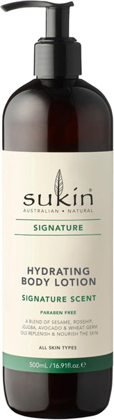 Sukin Signature Hydrating Body Lotion 500ml - with Rosehip & Essential Olis; cruelty free & vegan friendly - replenishes and nourishes the skins moisture barrier through its rich blend to soothe.